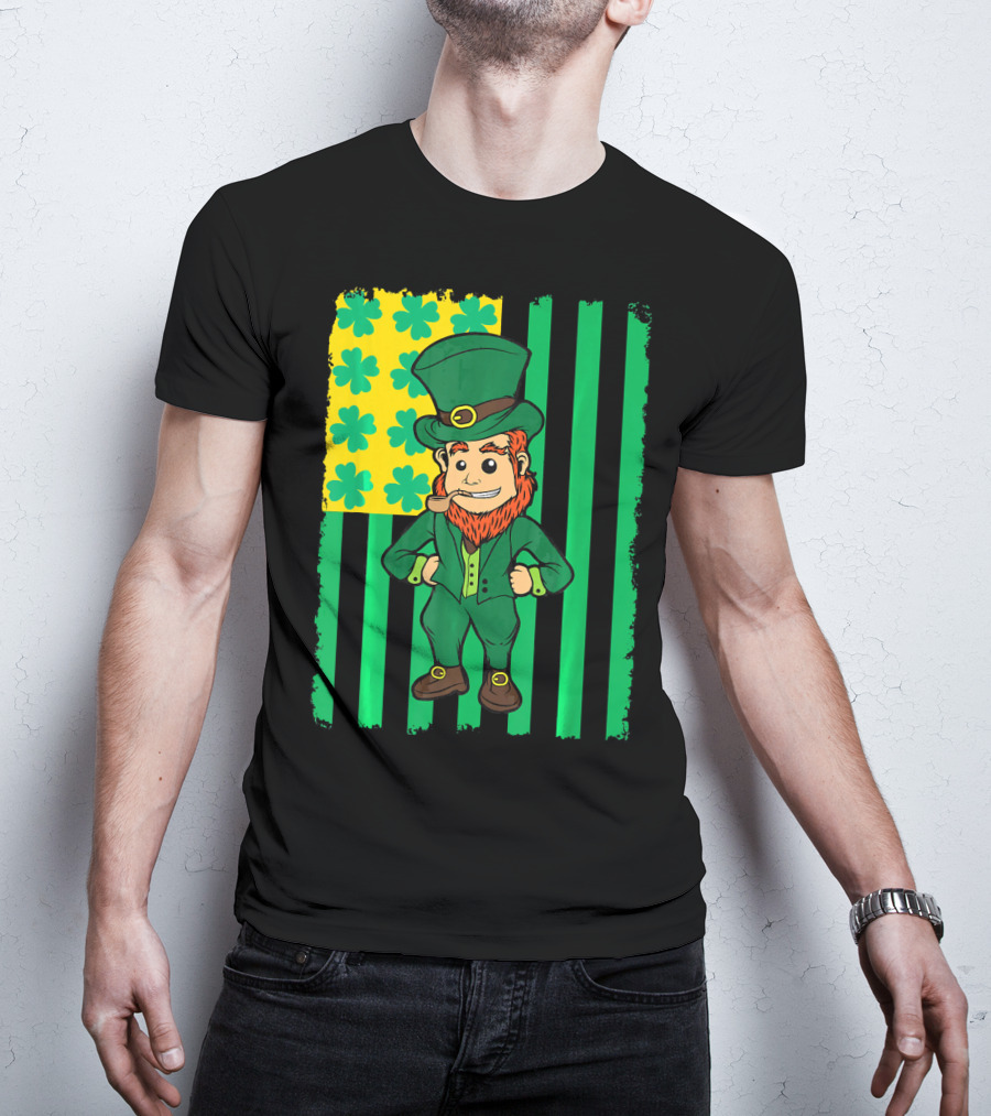 Irish American Leprechaun With Clover Flag T-Shirt