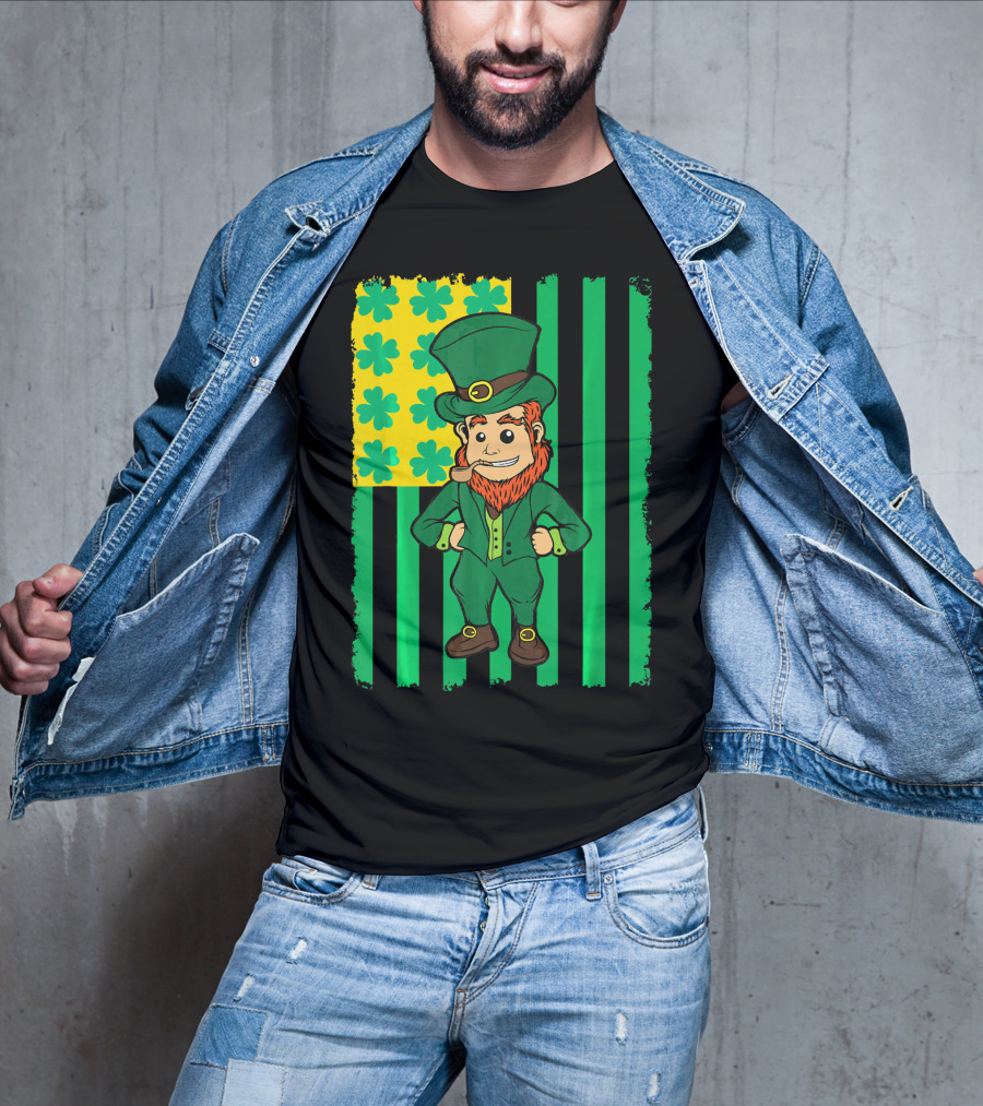 Irish American Leprechaun With Clover Flag T-Shirt