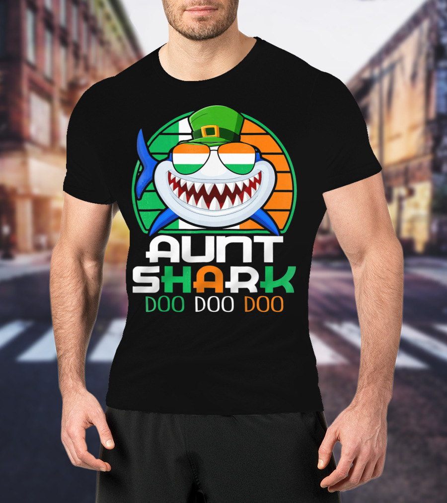 Aunt Shark Doo Doo Doo Funny St. Patrick's Day Irish Flag And Hat T-Shirt
