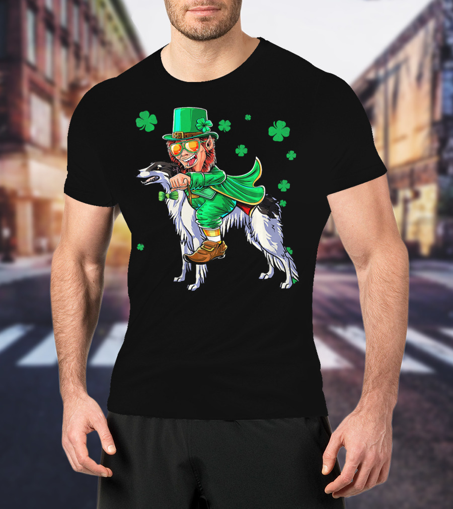Leprechaun Riding Borzoi With Shamrocks St. Patrick's Day T-Shirt