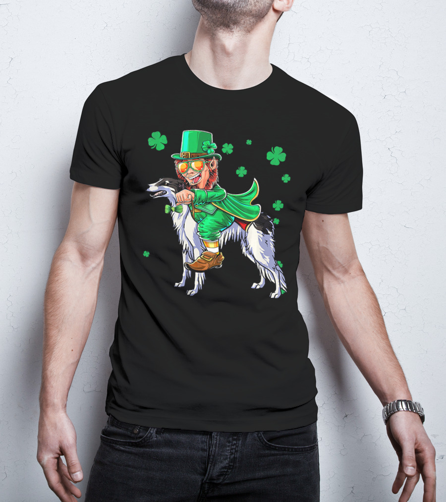 Leprechaun Riding Borzoi With Shamrocks St. Patrick's Day T-Shirt
