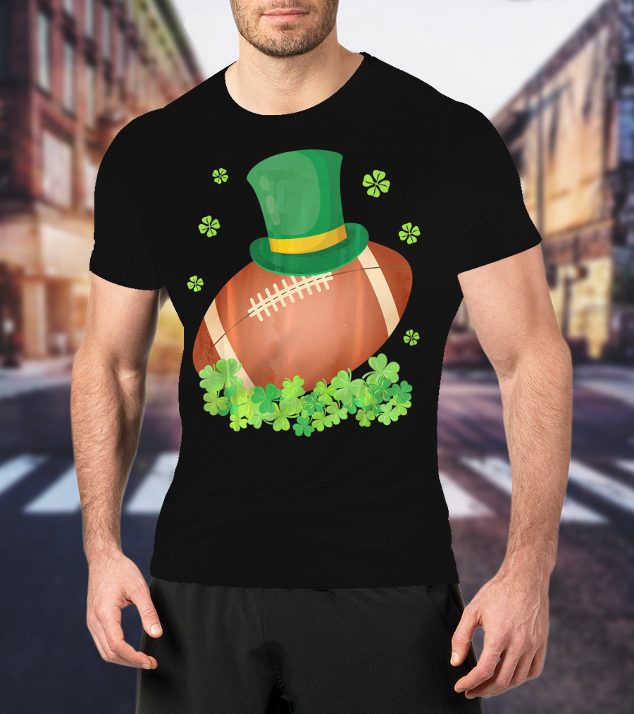 Leprechaun Hat On Football Surrounded By Clovers T-Shirt