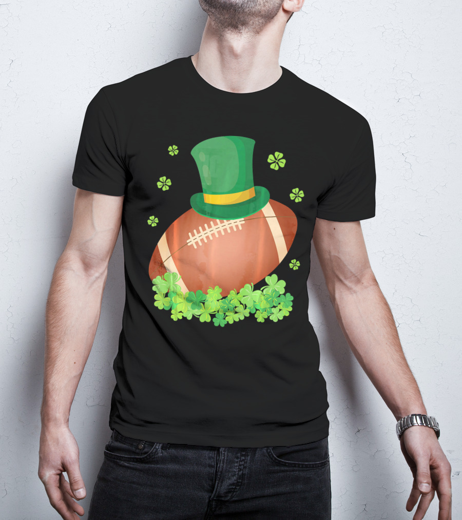 Leprechaun Hat On Football Surrounded By Clovers T-Shirt