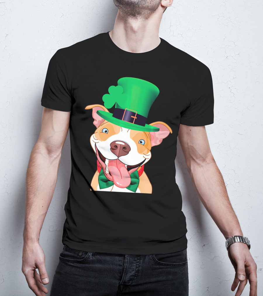 Irish Pitbull St Patricks Day Funny Leprechaun Hat Shamrock T-Shirt