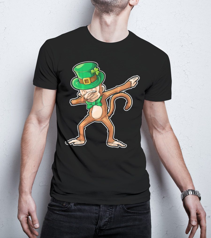 Dabbing Monkey St. Patrick's Day Leprechaun Hat Green Bow Tie T-Shirt