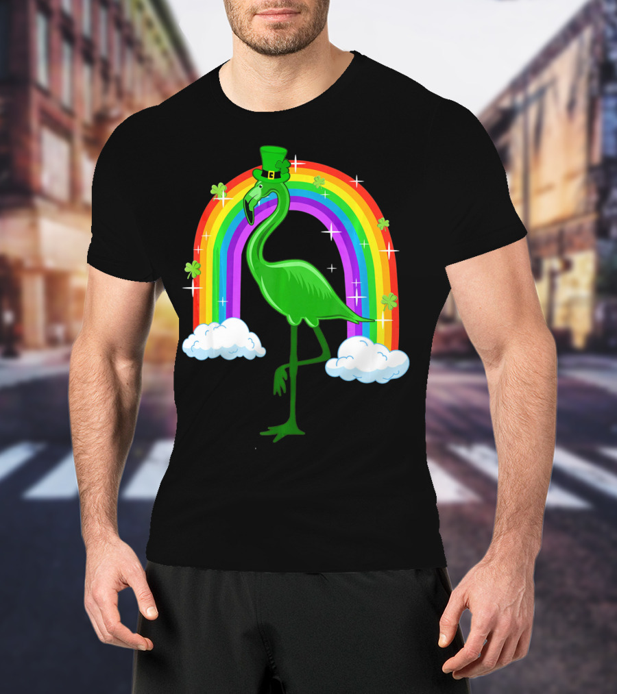 Leprechaun Flamingo With Rainbow And Clovers T-Shirt