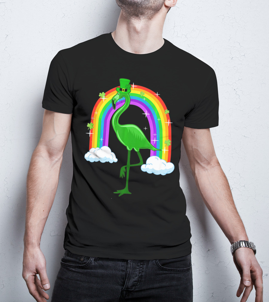 Leprechaun Flamingo With Rainbow And Clovers T-Shirt