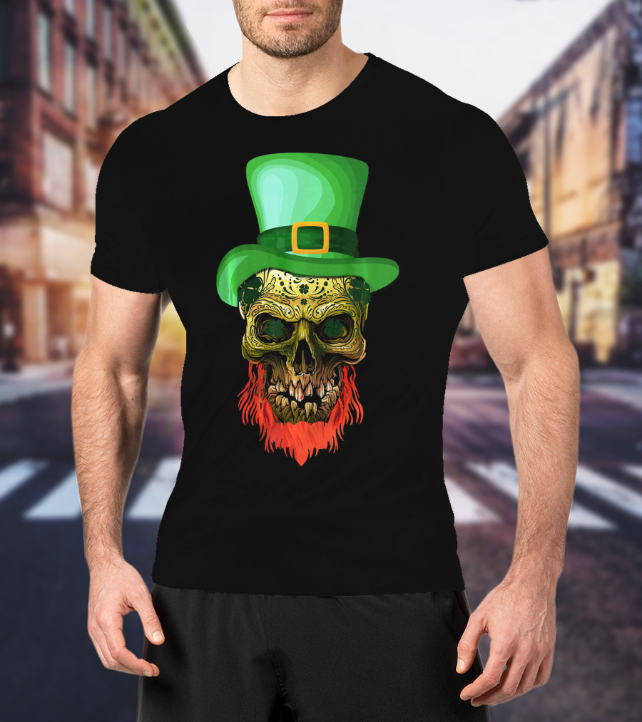 Skull Leprechaun Irish Green Hat Red Beard T-Shirt