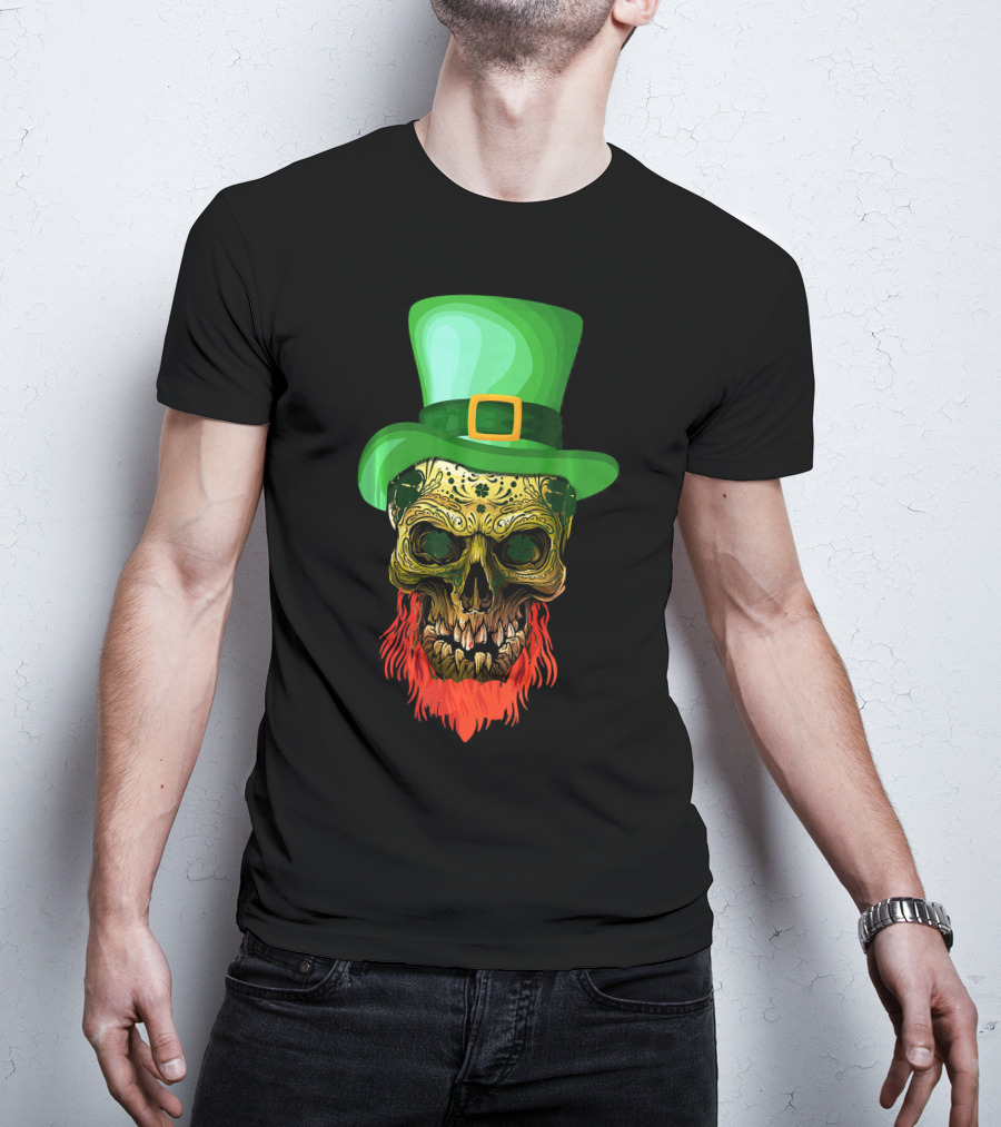 Skull Leprechaun Irish Green Hat Red Beard T-Shirt
