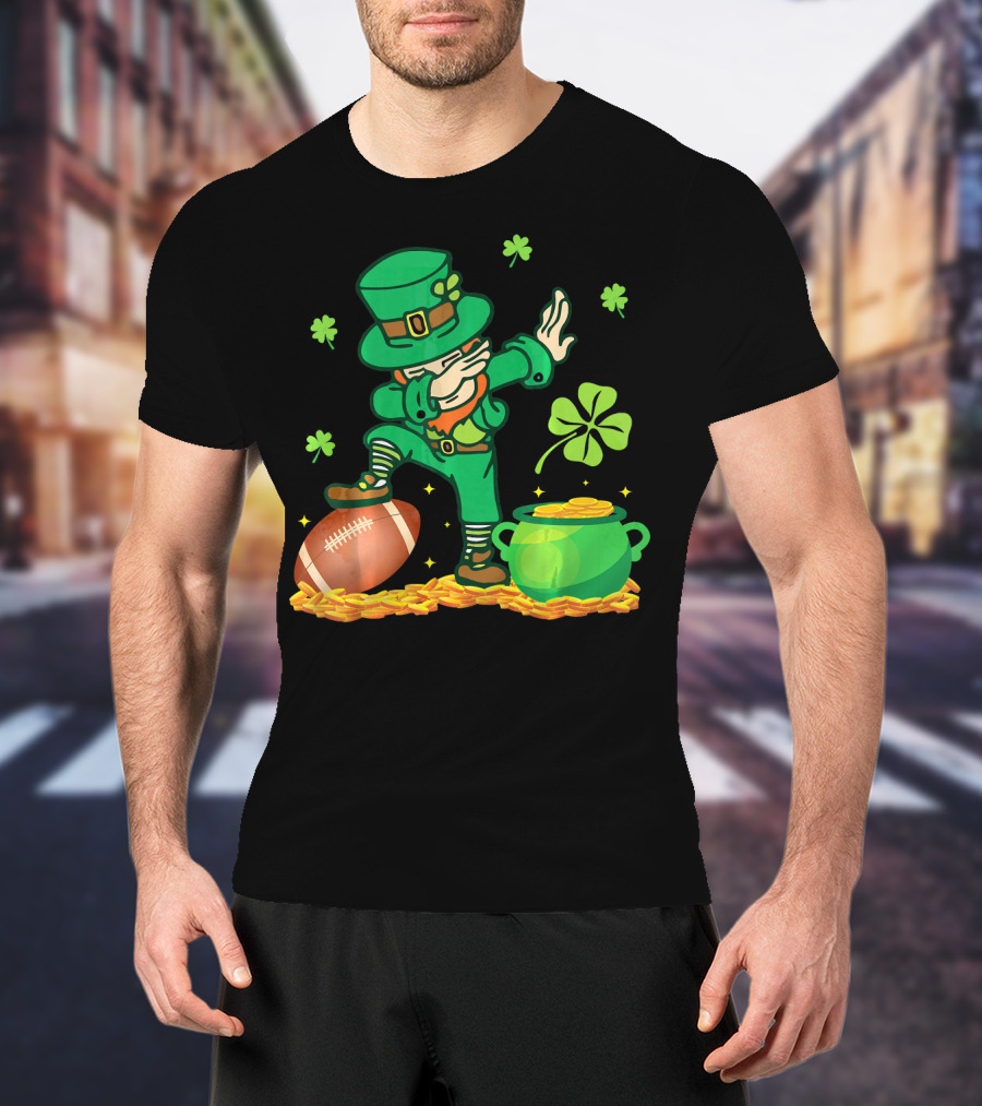 Leprechaun Dabbing With Football Shamrocks And Pot Of Gold T-Shirt
