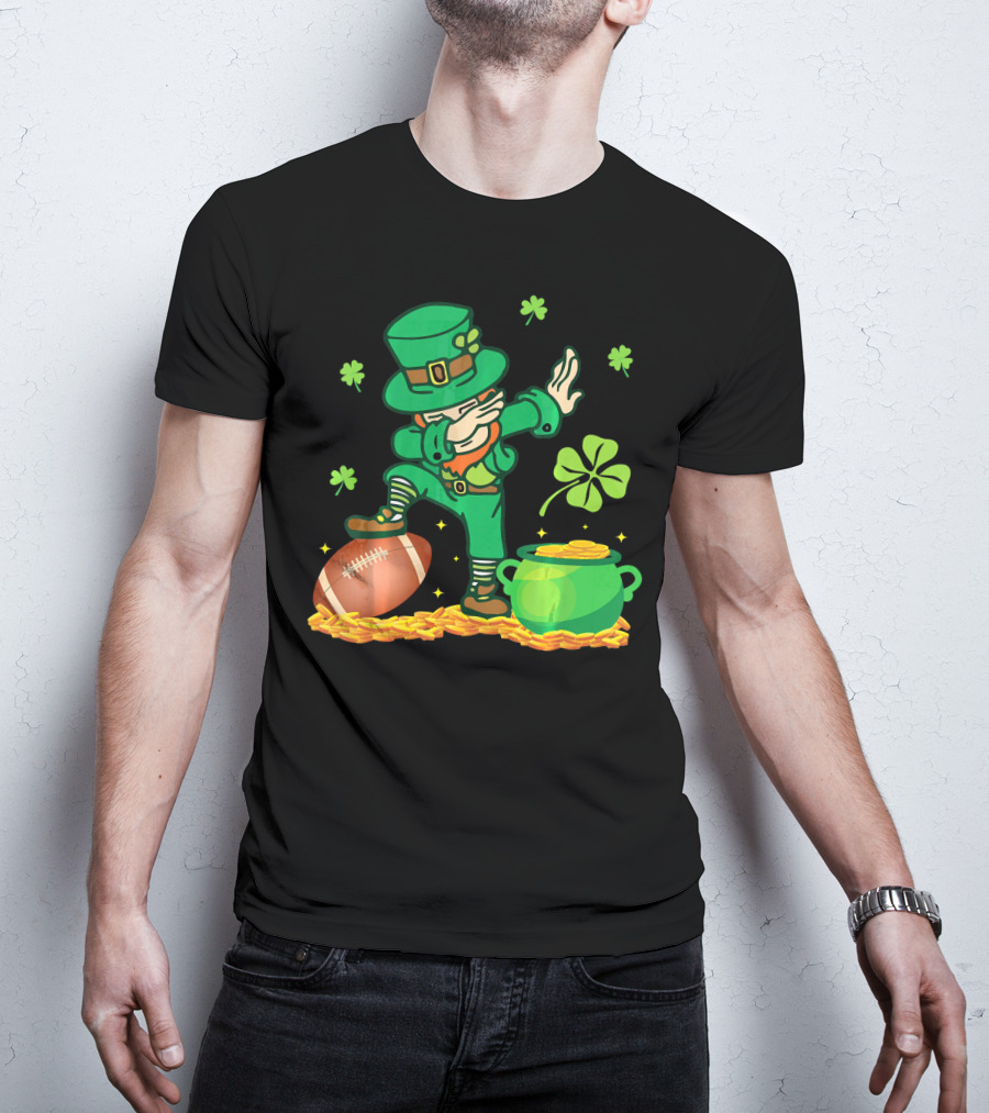 Leprechaun Dabbing With Football Shamrocks And Pot Of Gold T-Shirt