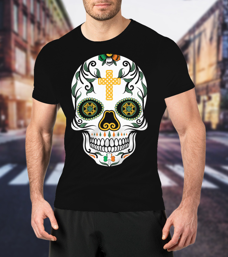 Cinco De Mayo Shamrock Sugar Skull Celtic Cross Floral T-Shirt