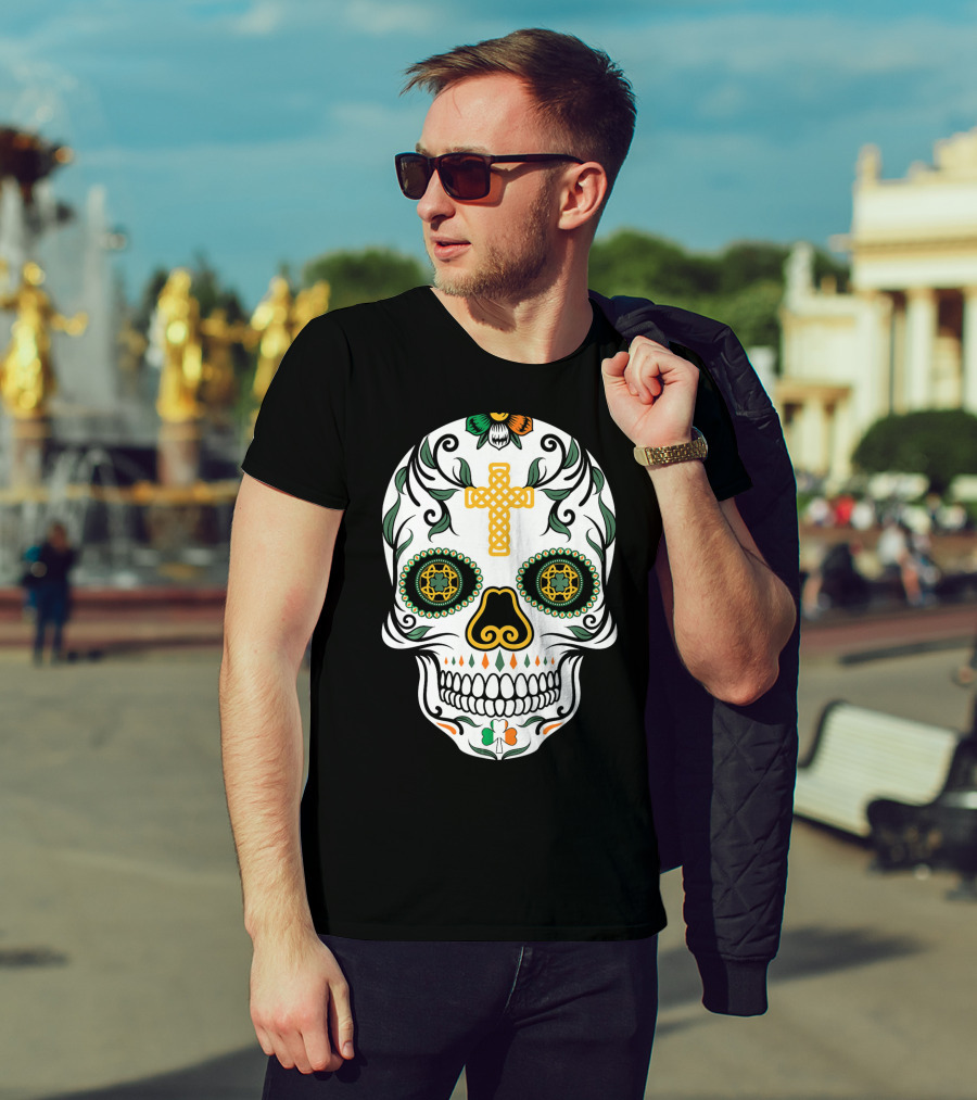 Cinco De Mayo Shamrock Sugar Skull Celtic Cross Floral T-Shirt