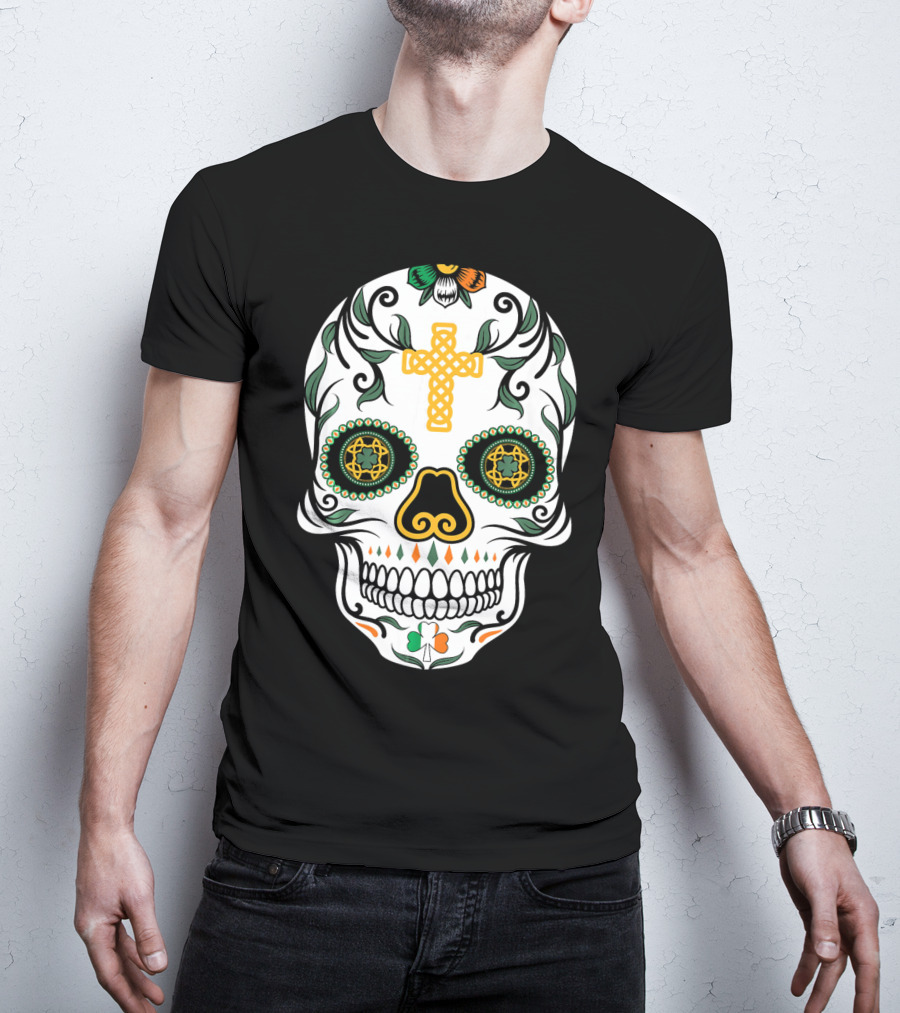 Cinco De Mayo Shamrock Sugar Skull Celtic Cross Floral T-Shirt