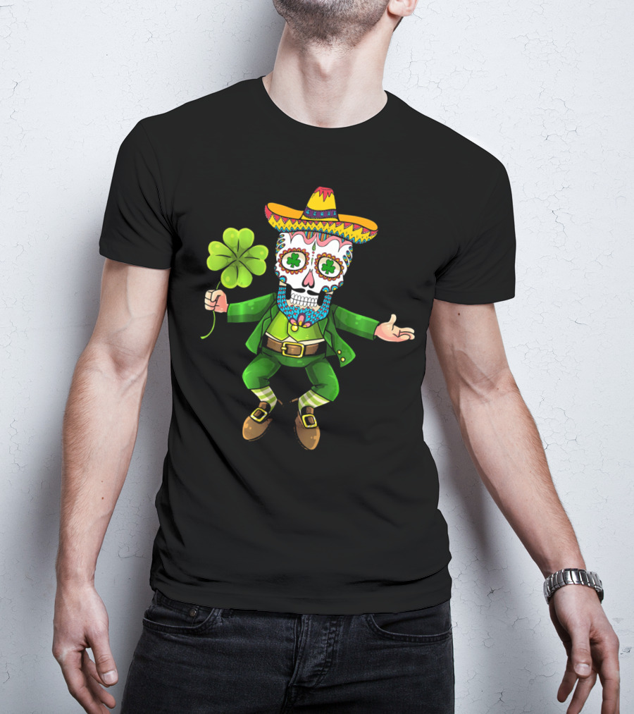 Cinco De Mayo Leprechaun Sugar Skull Sombrero And Shamrock T-Shirt