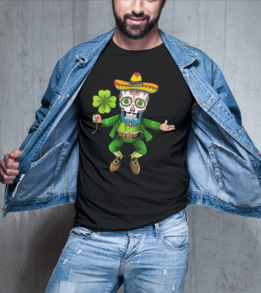 Cinco De Mayo Leprechaun Sugar Skull Sombrero And Shamrock T-Shirt