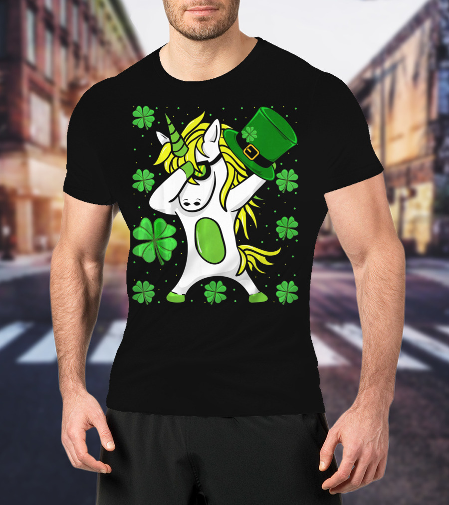 Funny Irish St Patricks Day Unicorn With Leprechaun Hat And Shamrocks T-Shirt