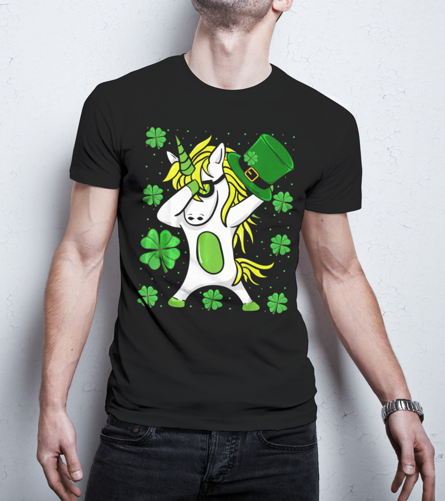 Funny Irish St Patricks Day Unicorn With Leprechaun Hat And Shamrocks T-Shirt