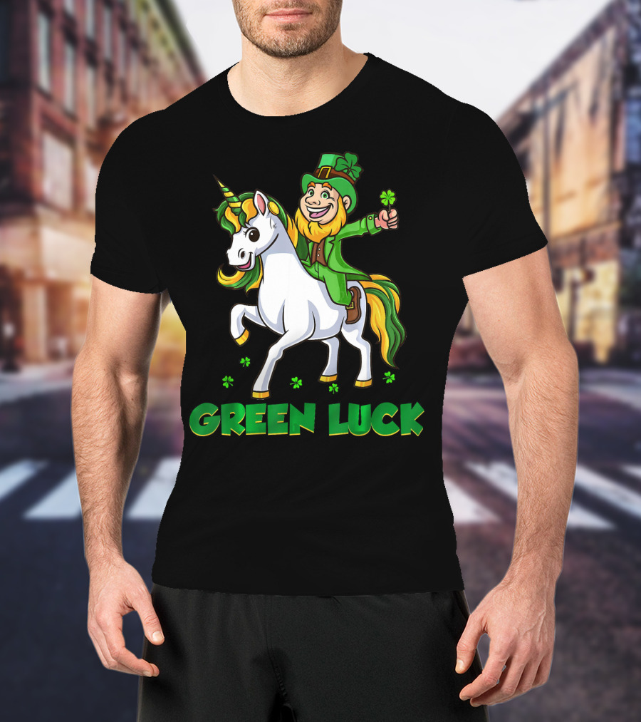 Green Luck Leprechaun Holding Shamrock Riding Unicorn T-Shirt