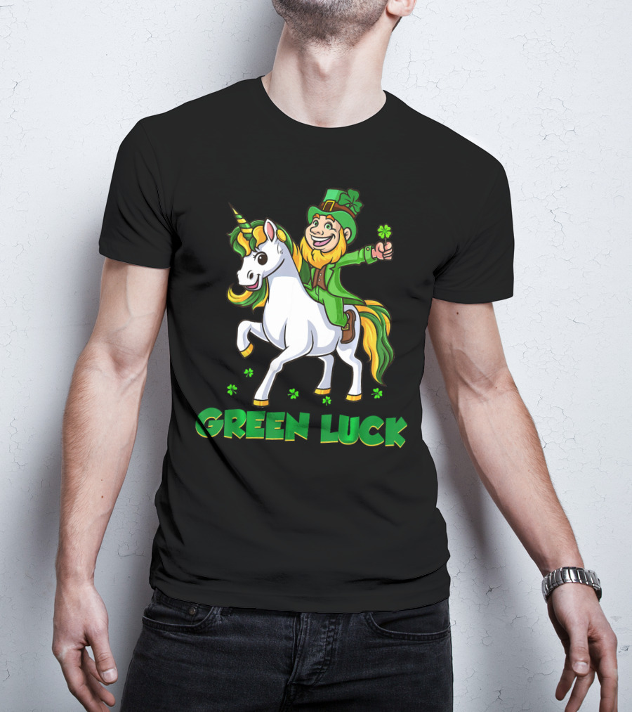 Green Luck Leprechaun Holding Shamrock Riding Unicorn T-Shirt