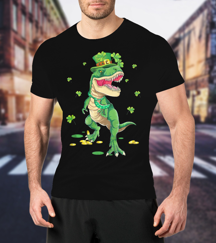Happy St. Patrick’s Day Dinosaur Leprechaun Shamrocks Gold T-Shirt