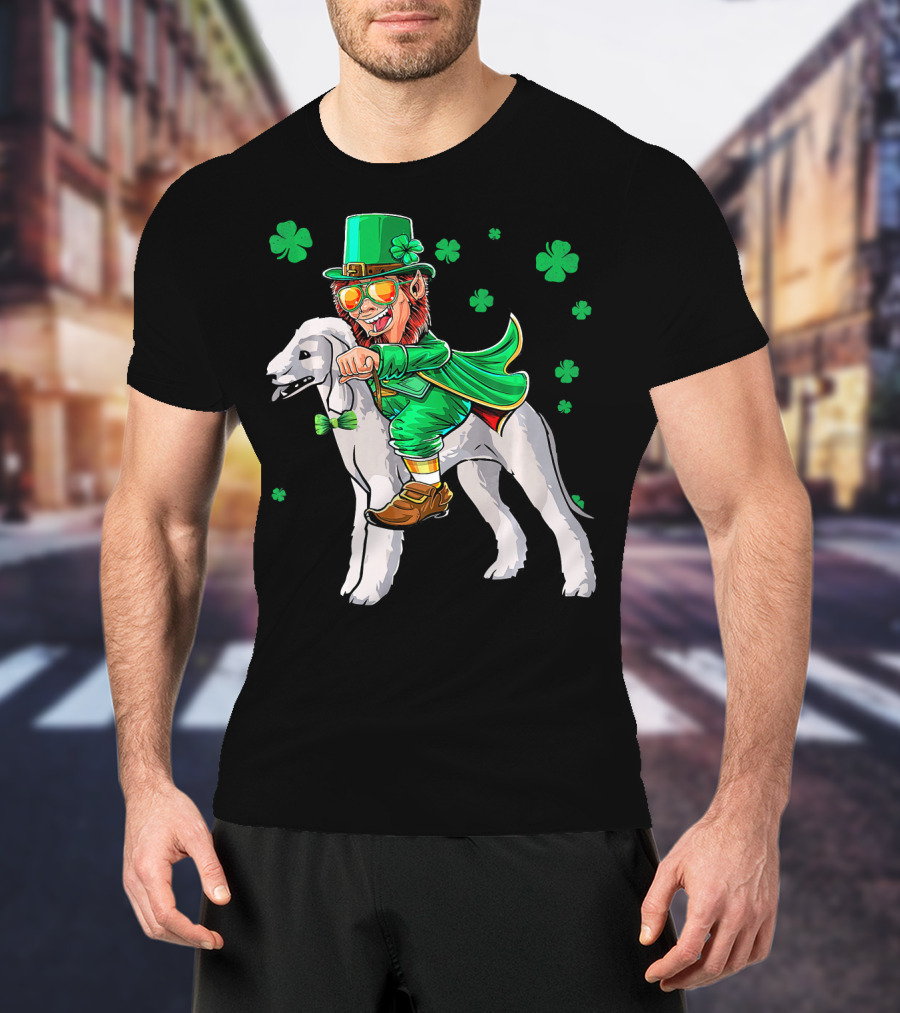 Leprechaun Riding Bedlington Terrier With Shamrock Elements T-Shirt