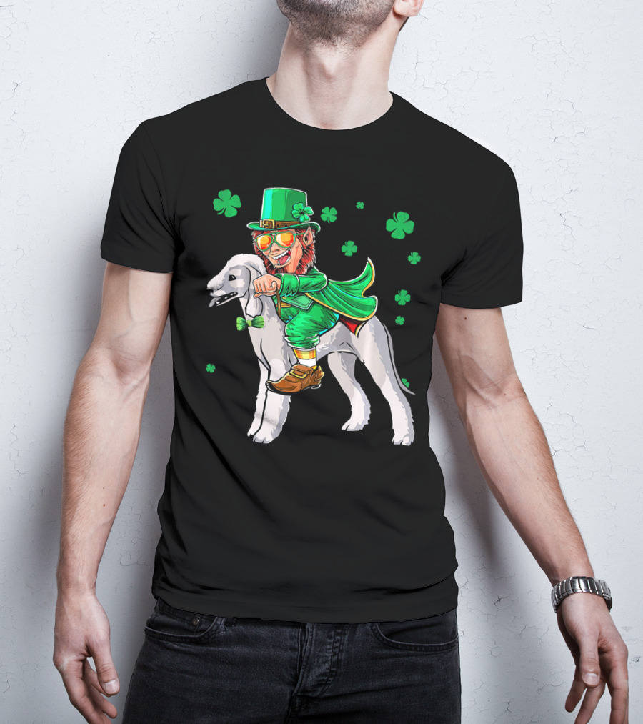 Leprechaun Riding Bedlington Terrier With Shamrock Elements T-Shirt