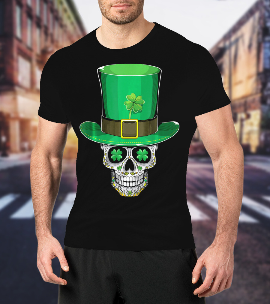 St Patricks Day Shamrock Sugar Skull Leprechaun T-Shirt