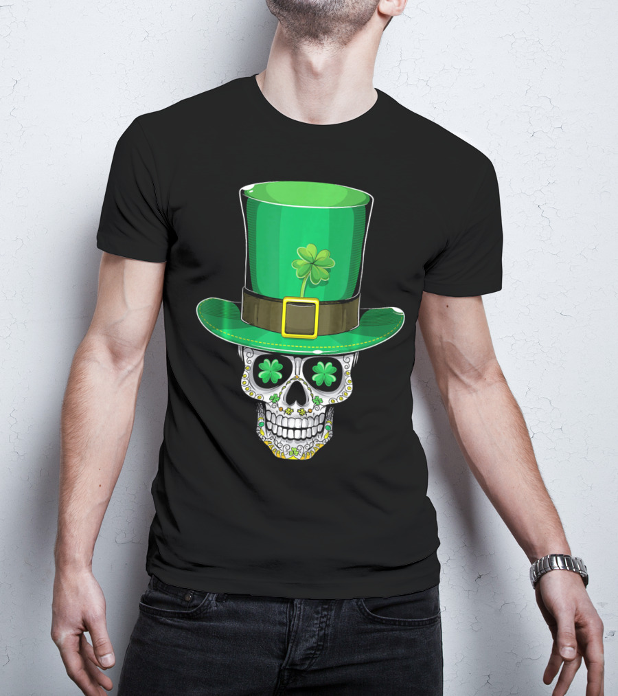 St Patricks Day Shamrock Sugar Skull Leprechaun T-Shirt