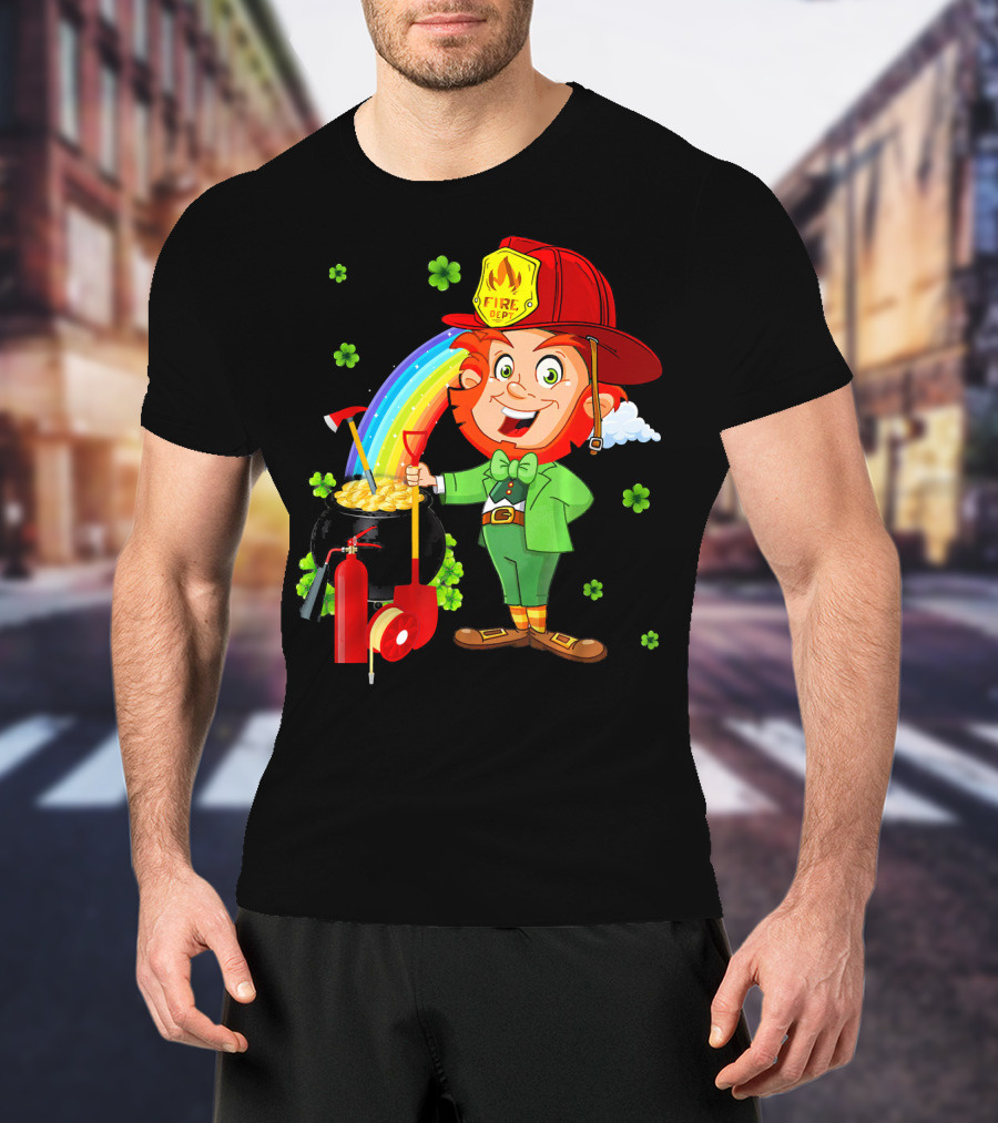 Fire Dept Leprechaun With Pot Of Gold And Rainbow T-Shirt