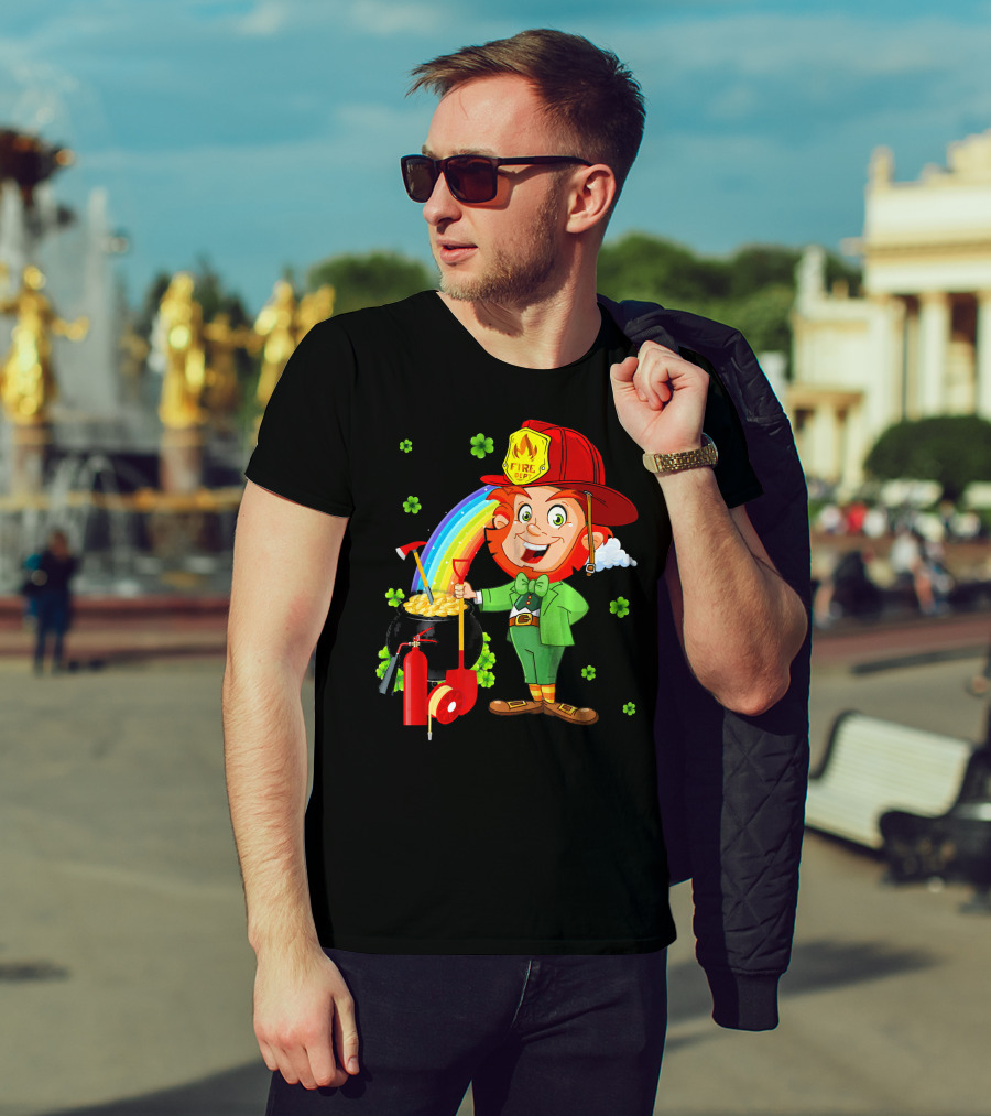 Fire Dept Leprechaun With Pot Of Gold And Rainbow T-Shirt