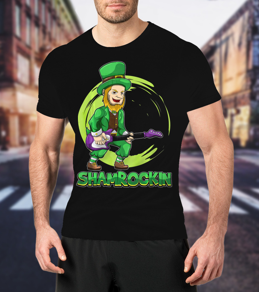 Shamrockin Leprechaun With E Guitar Rocking Celtic Style Green Circle Background T-Shirt