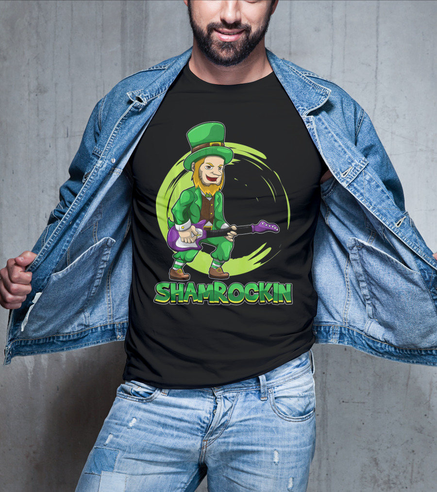 Shamrockin Leprechaun With E Guitar Rocking Celtic Style Green Circle Background T-Shirt