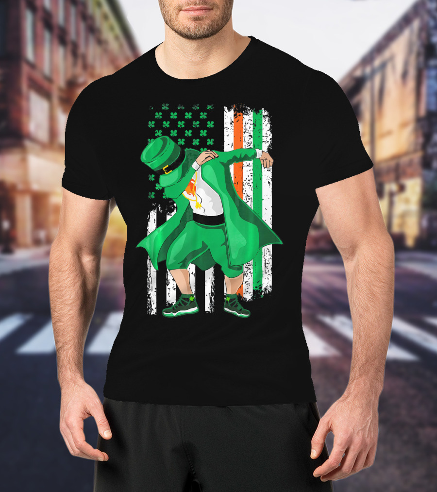 Dabbing Leprechaun With Shamrock And Irish American Flag Background T-Shirt