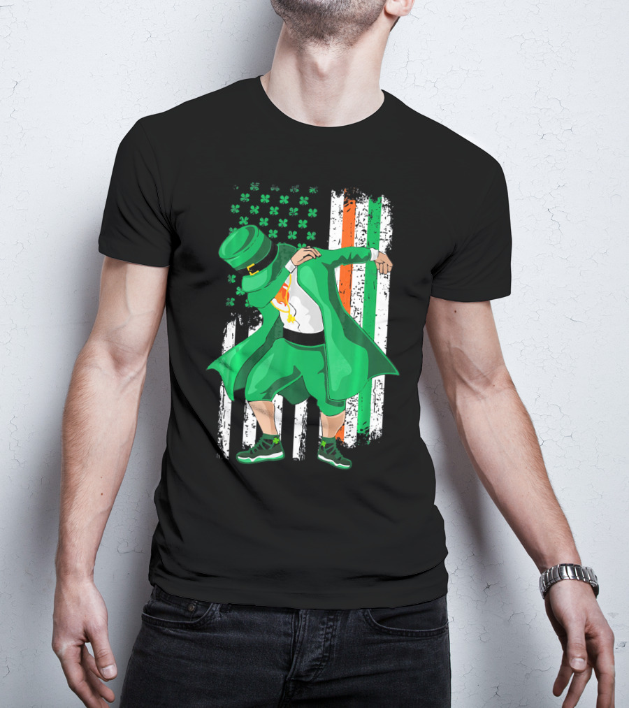 Dabbing Leprechaun With Shamrock And Irish American Flag Background T-Shirt