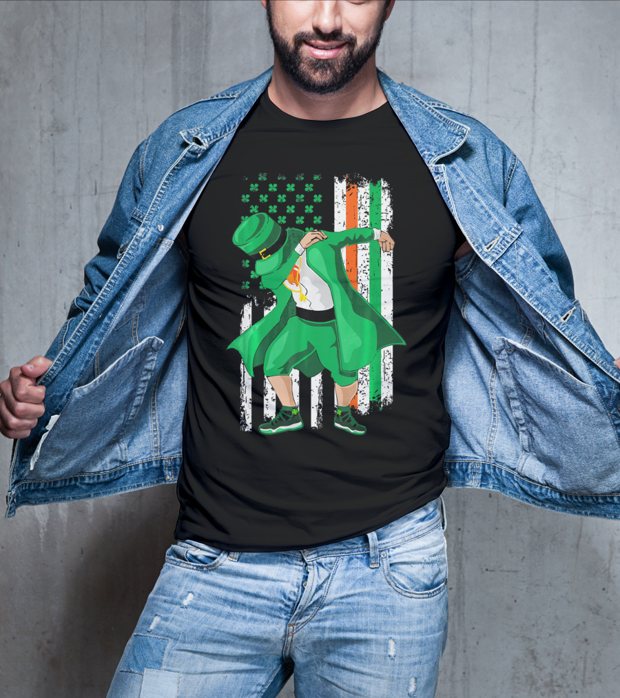 Dabbing Leprechaun With Shamrock And Irish American Flag Background T-Shirt