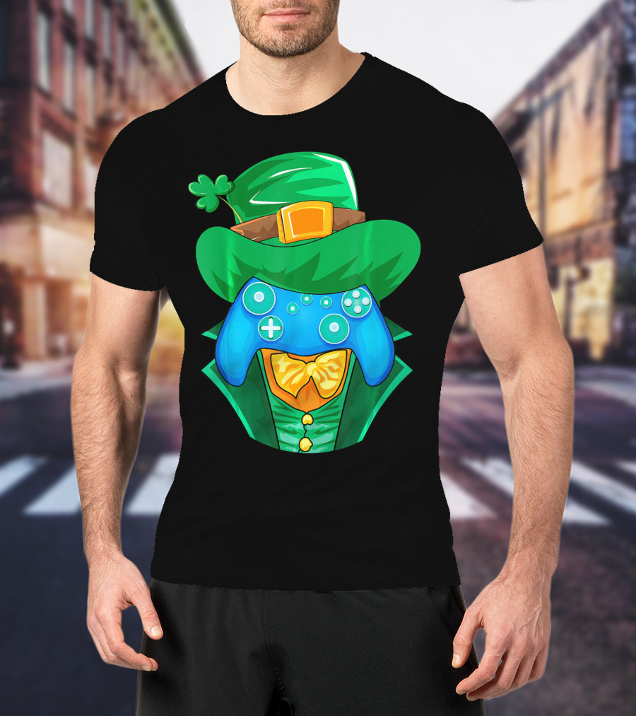Leprechaun Gamer Controller St Patrick's Day Shamrock Hat Bowtie T-Shirt