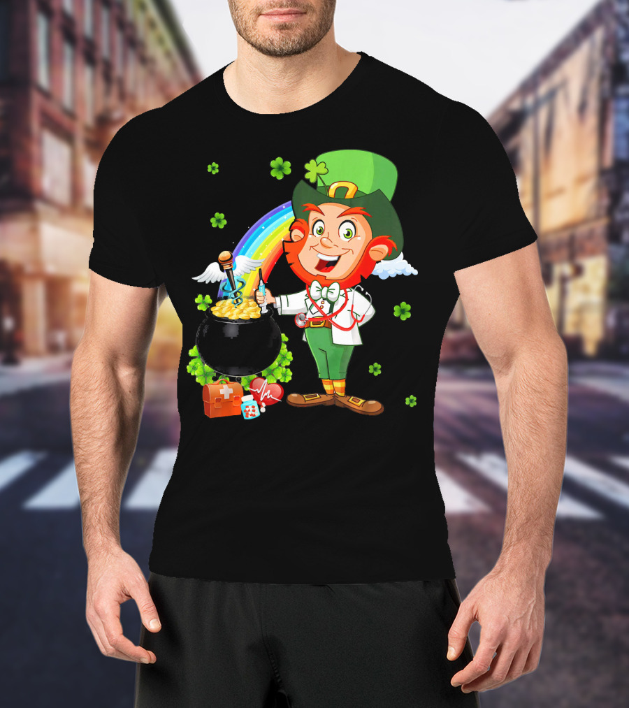 Lucky Medical Scrub Nurse Doctor Leprechaun With Pot Of Gold And Rainbow T-Shirt