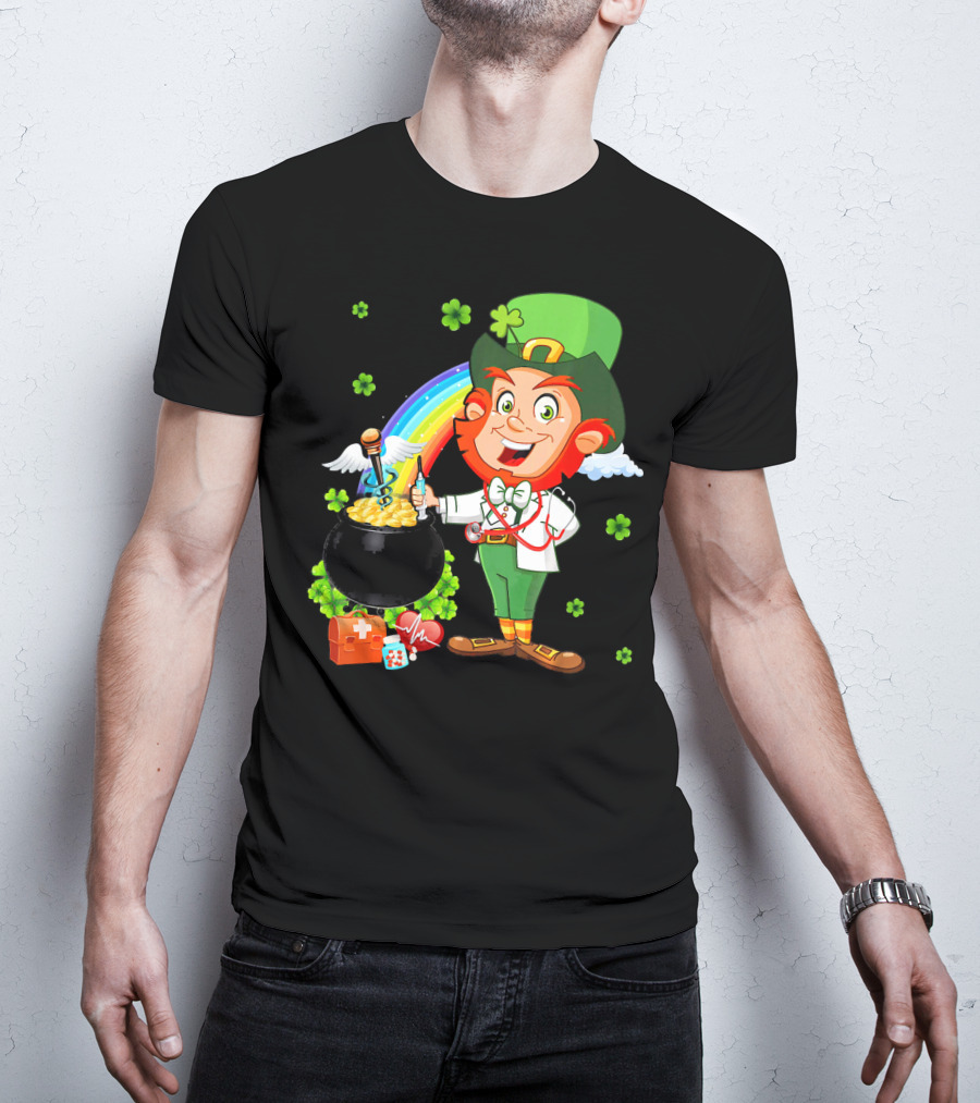 Lucky Medical Scrub Nurse Doctor Leprechaun With Pot Of Gold And Rainbow T-Shirt