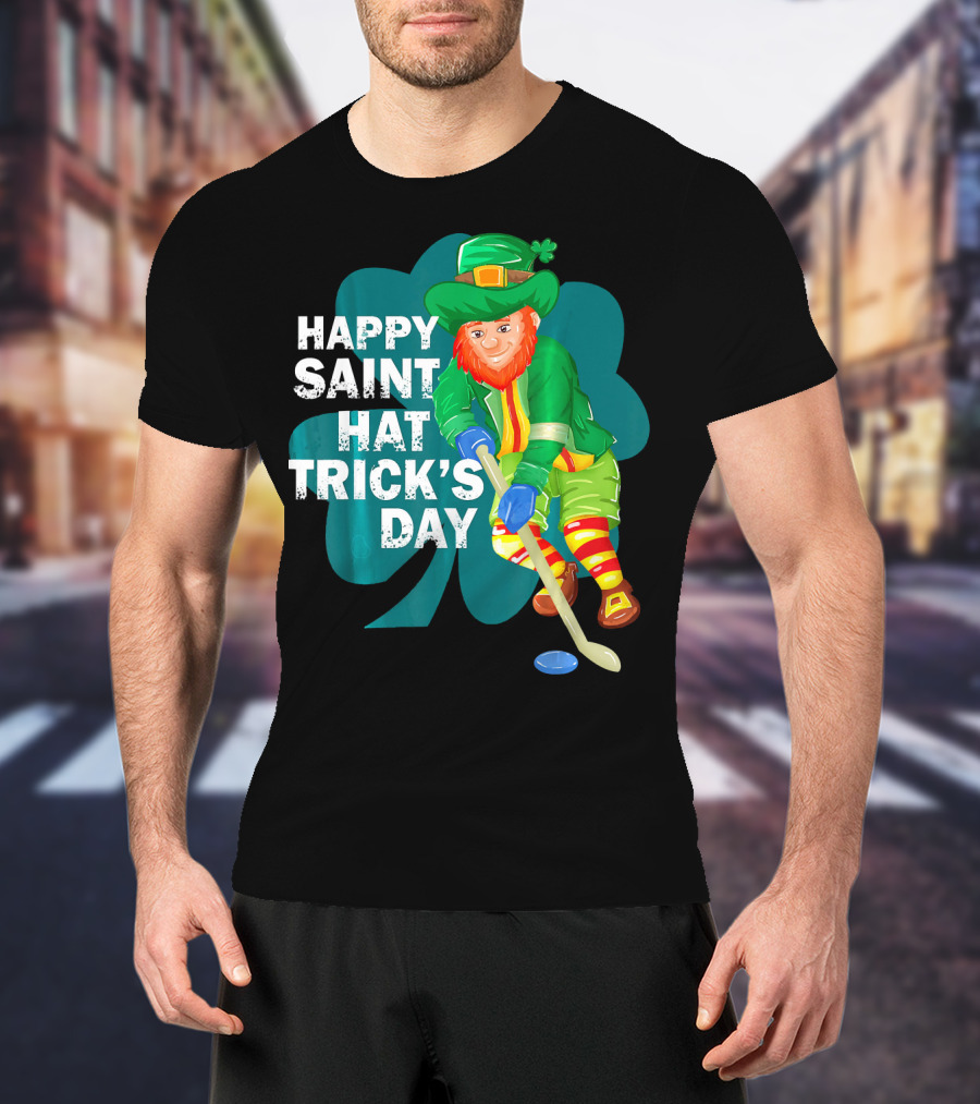 Happy Saint Hat Trick's Day Leprechaun Hockey Player Shamrock Ice T-Shirt