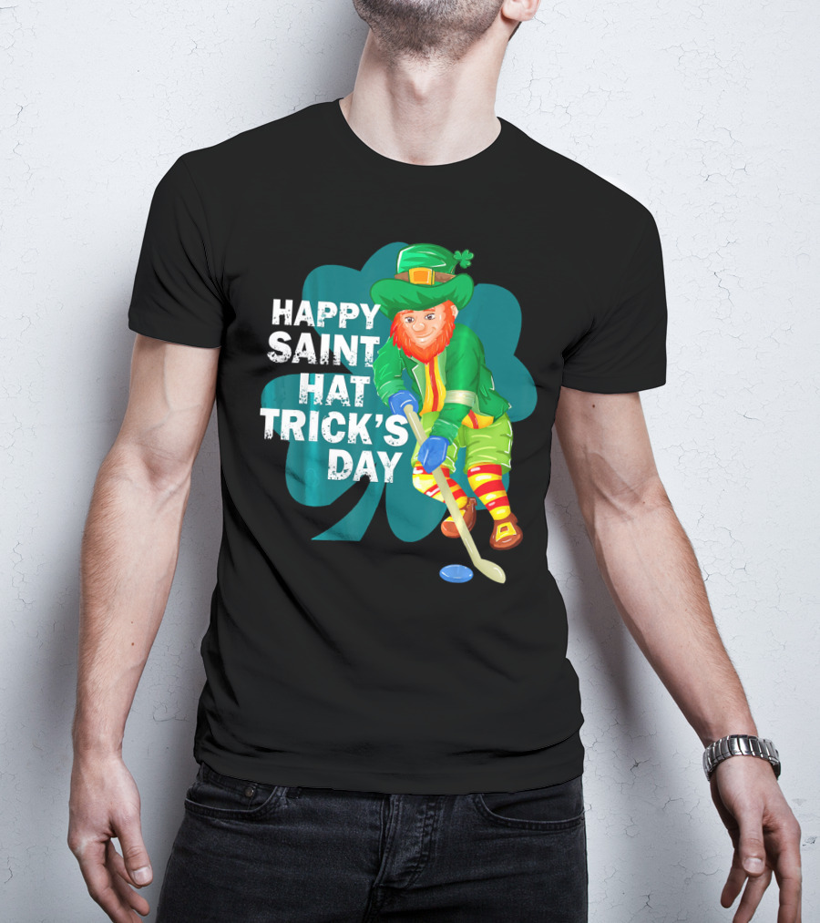 Happy Saint Hat Trick's Day Leprechaun Hockey Player Shamrock Ice T-Shirt
