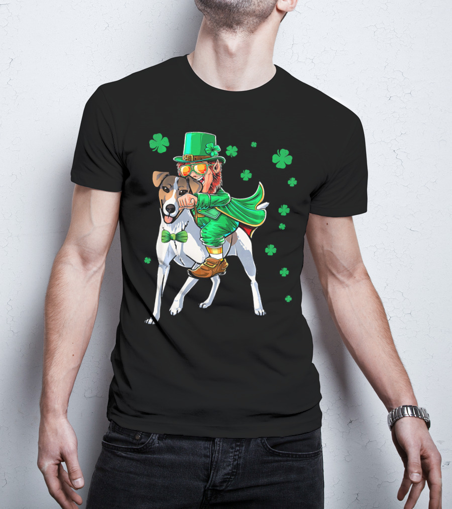 Leprechaun Riding Smooth Fox Terrier With Shamrocks T-Shirt