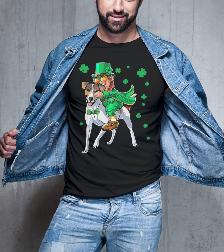 Leprechaun Riding Smooth Fox Terrier With Shamrocks T-Shirt