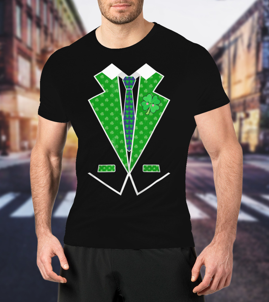 St. Patrick Day Shamrock Vest Tuxedo With Green Tie T-Shirt