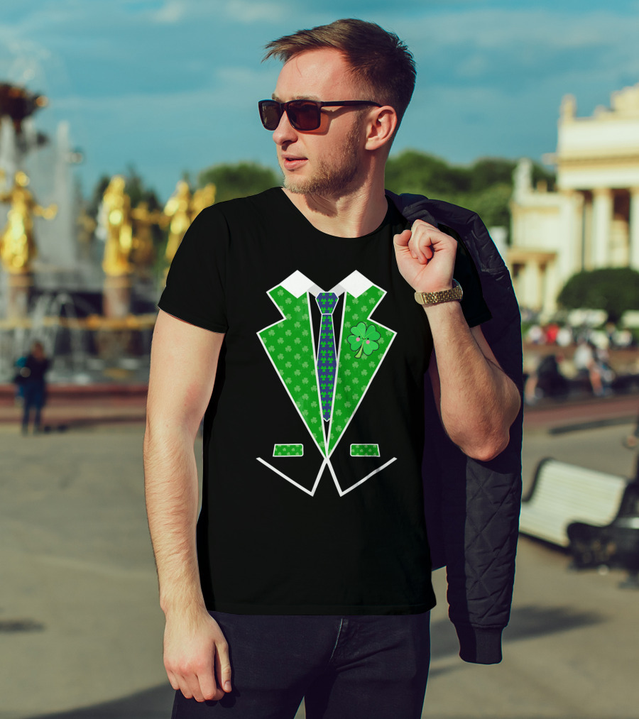 St. Patrick Day Shamrock Vest Tuxedo With Green Tie T-Shirt