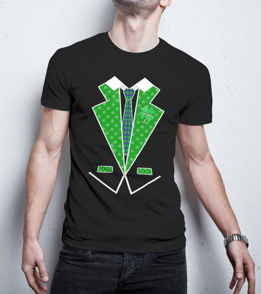 St. Patrick Day Shamrock Vest Tuxedo With Green Tie T-Shirt