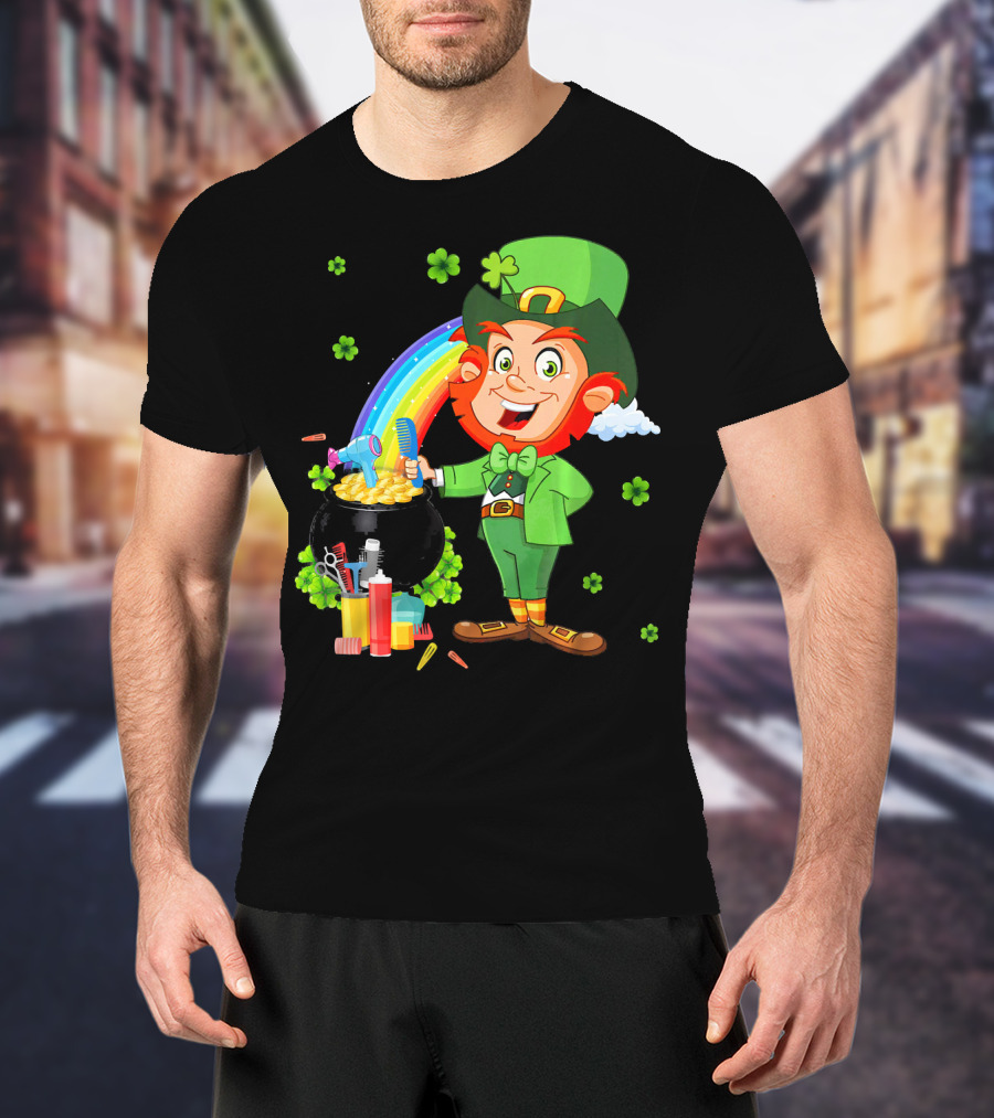 Medical Scrub Hairstylist Leprechaun Pat With Rainbow And Pot Of Gold Barber Tools T-Shirt