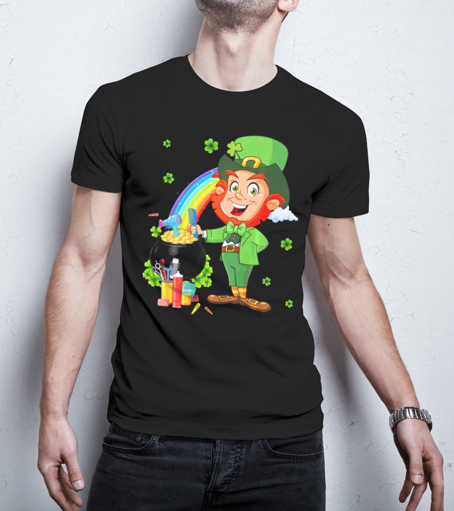 Medical Scrub Hairstylist Leprechaun Pat With Rainbow And Pot Of Gold Barber Tools T-Shirt