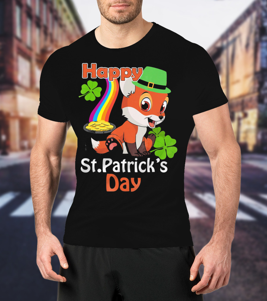 Happy St Patrick's Day Funny Fox Rainbow Clover Gold T-Shirt