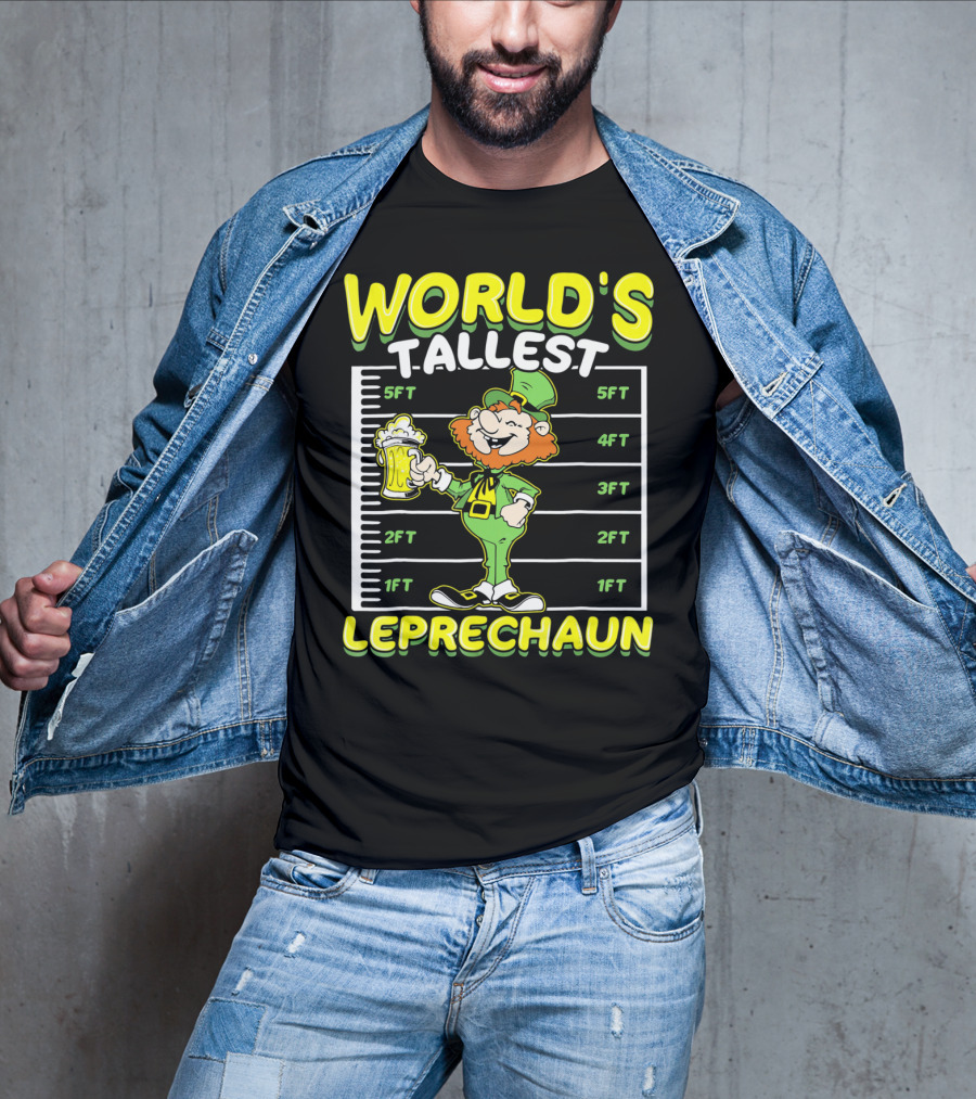 WORLD'S TALLEST LEPRECHAUN Funny St Pat Holding Beer Mug With Height Chart T-Shirt